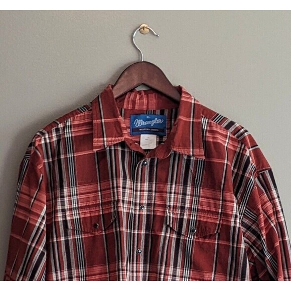Wrangler Size XL Western Shirt Vintage Red Plaid Mens Snap LS Extra Large White - Picture 2 of 6